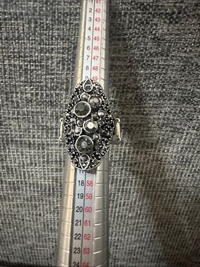 Sterling-Tone Black Marcasite Oval Cocktail Ring